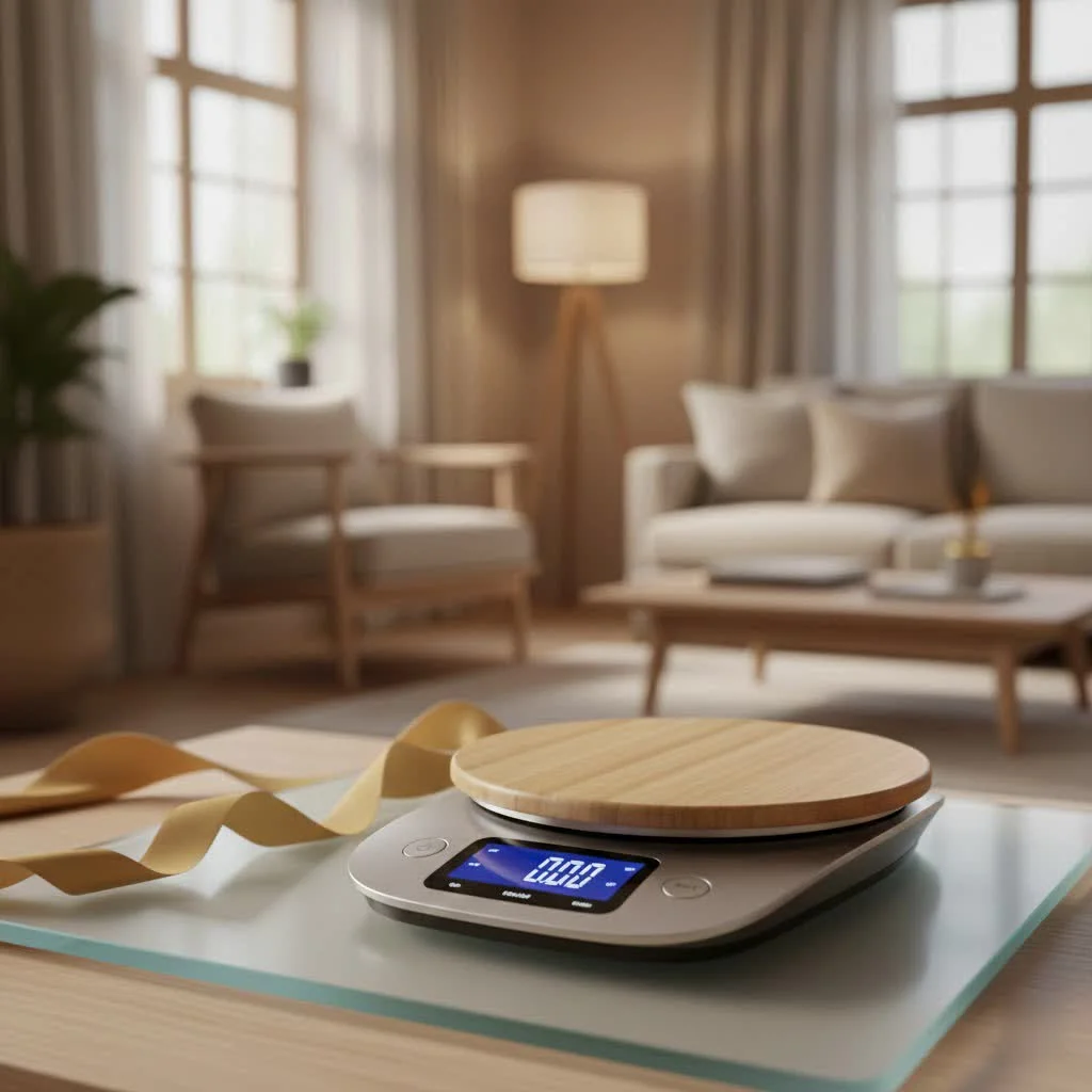 Digital kitchen scale weighing ingredients for baking
