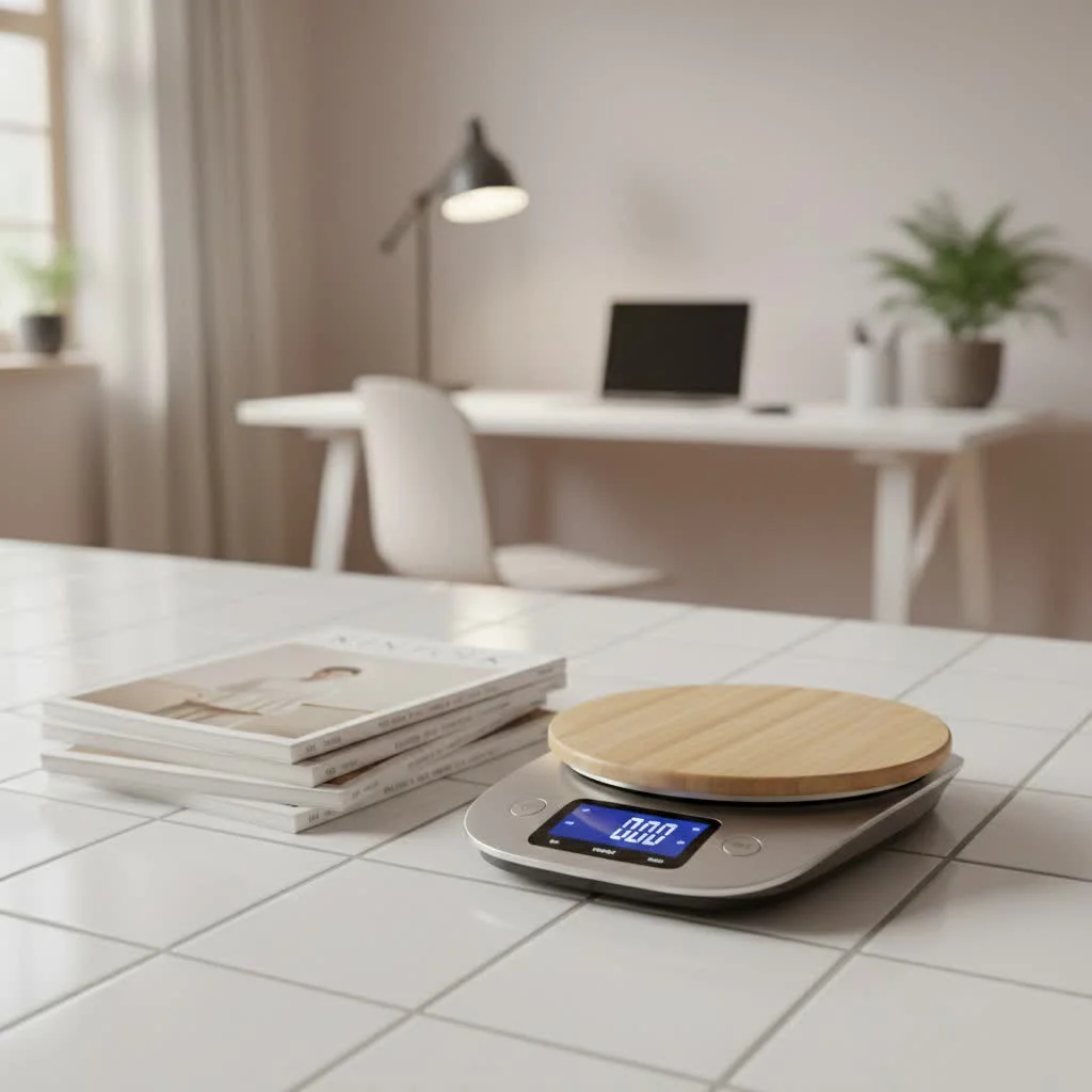 Electronic digital kitchen scale on a countertop with ingredients