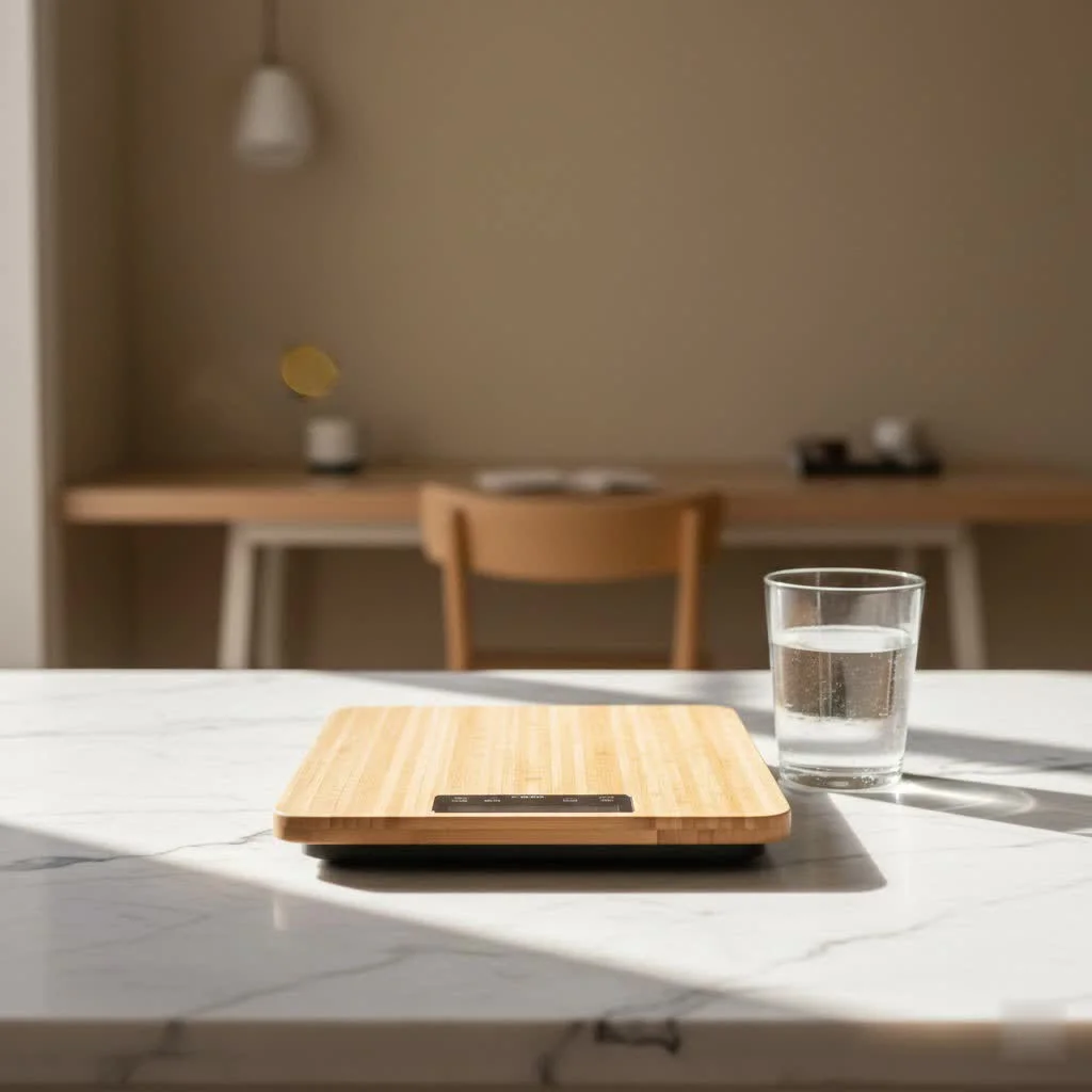 Digital kitchen scale with a bowl of ingredients on a wooden counter