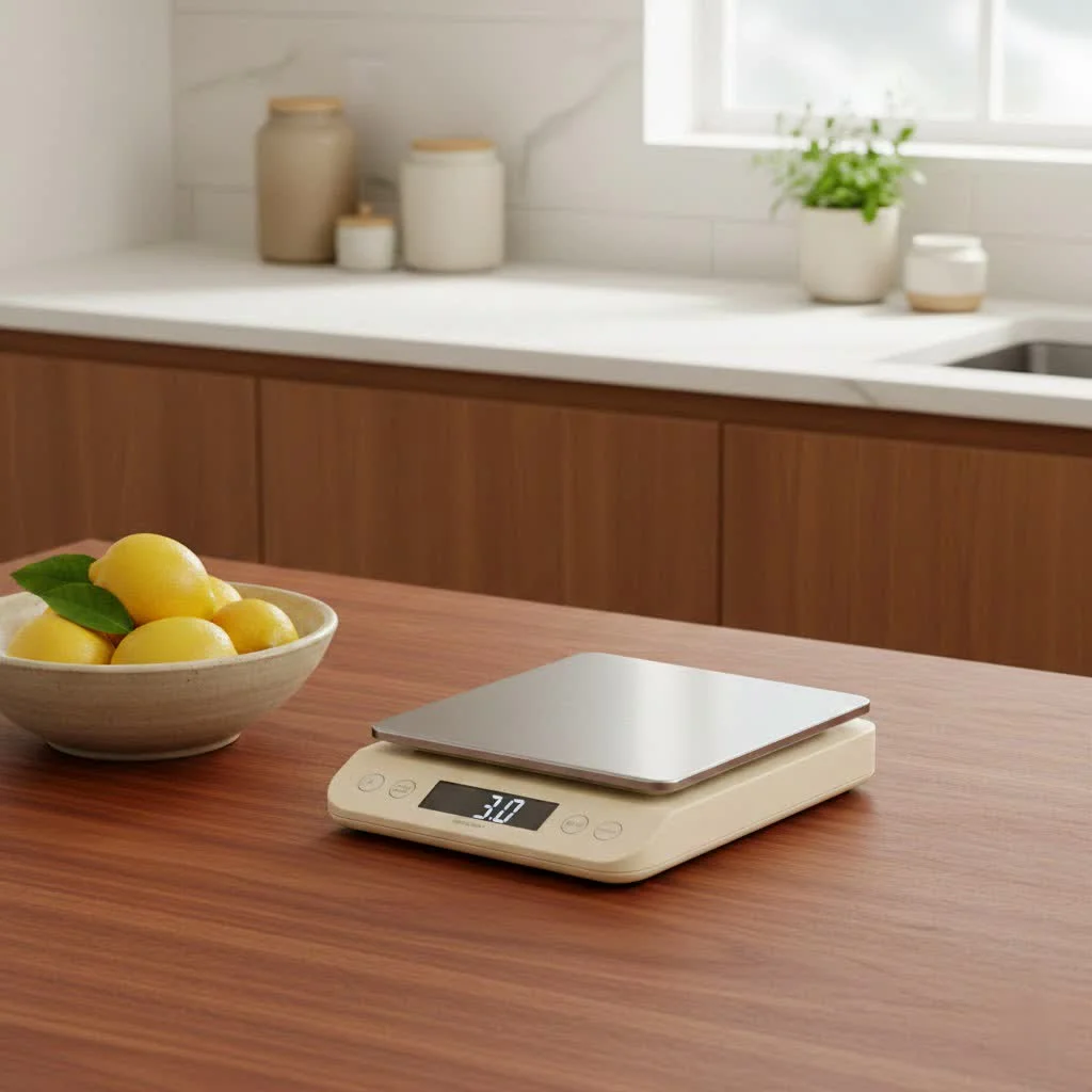 Digital kitchen scale with a bowl of ingredients
