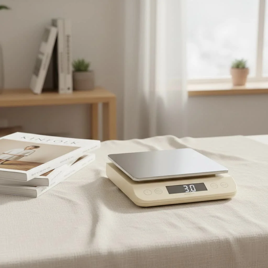 Digital kitchen scale with a bowl of flour on it