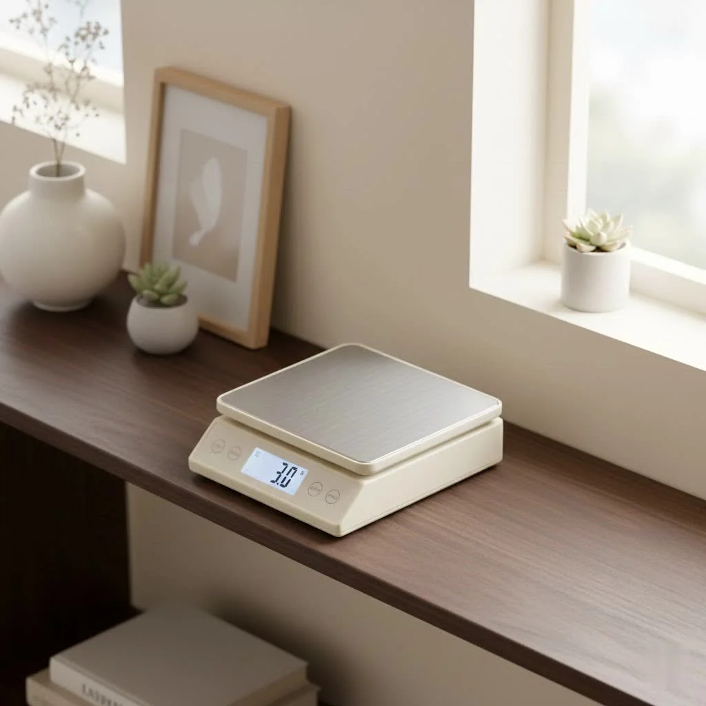 Digital kitchen scale with a bowl of flour on a wooden counter