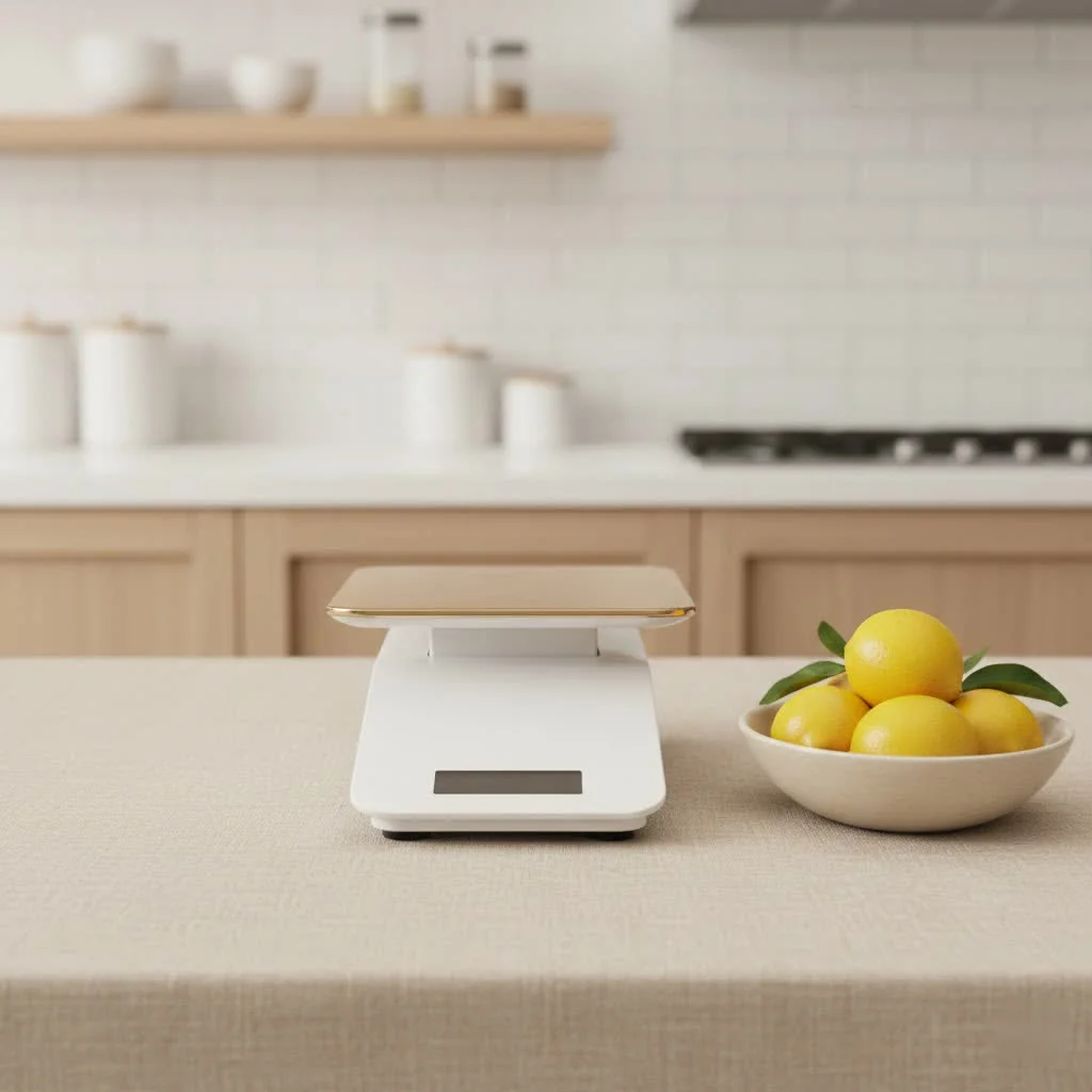 Digital kitchen scale displaying precise weight for baking ingredients