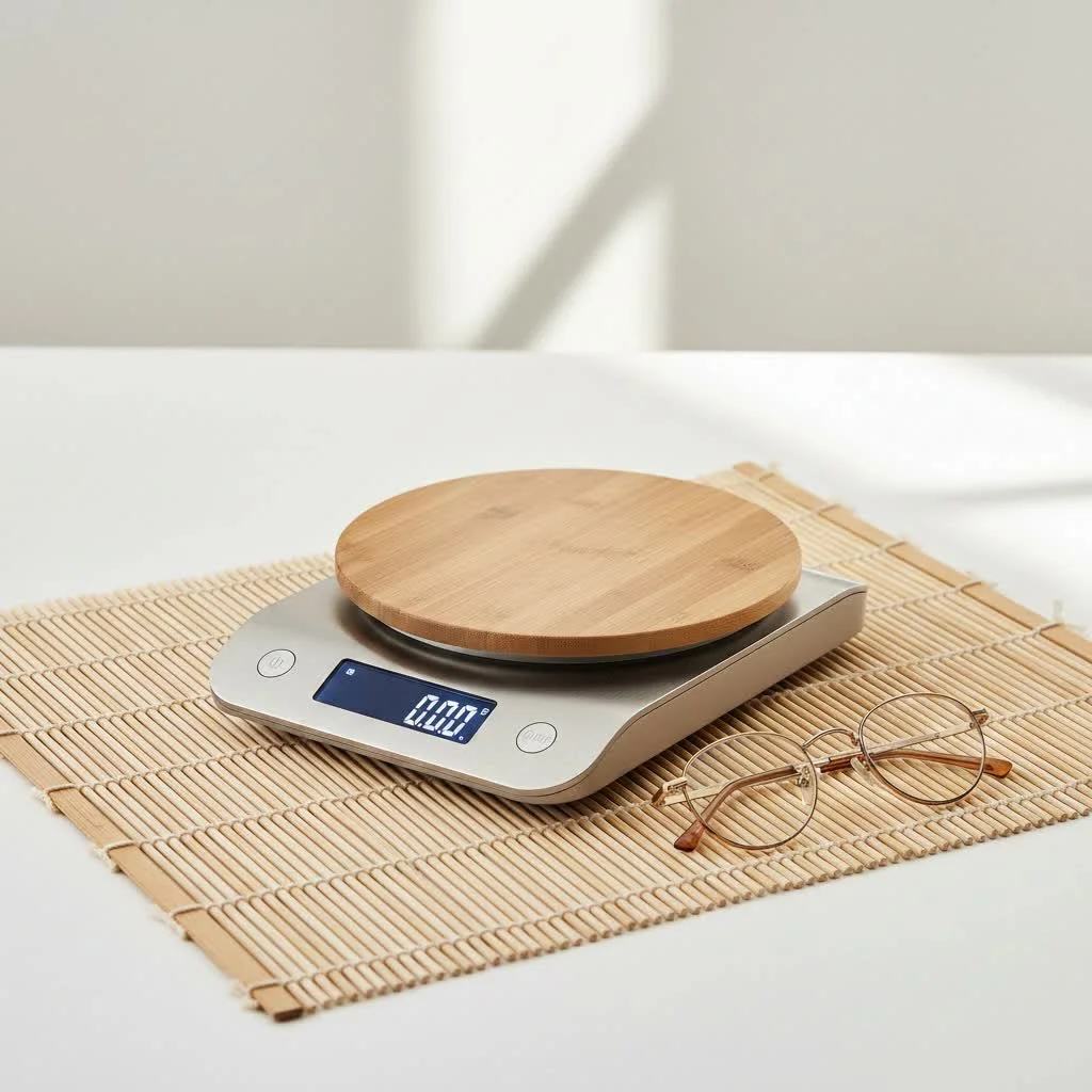 Ozeri Pronto Digital Kitchen Scale on a counter with ingredients
