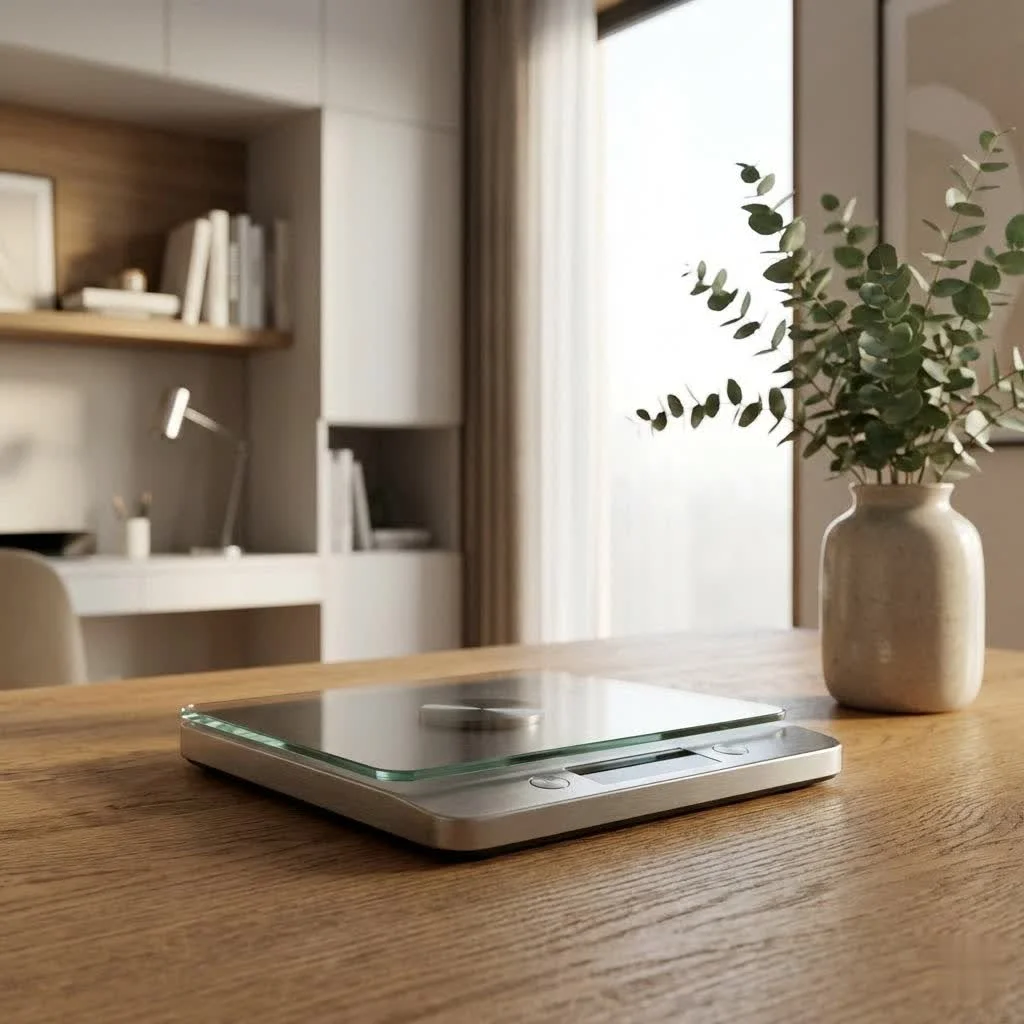 Digital kitchen scale displaying a precise gram measurement