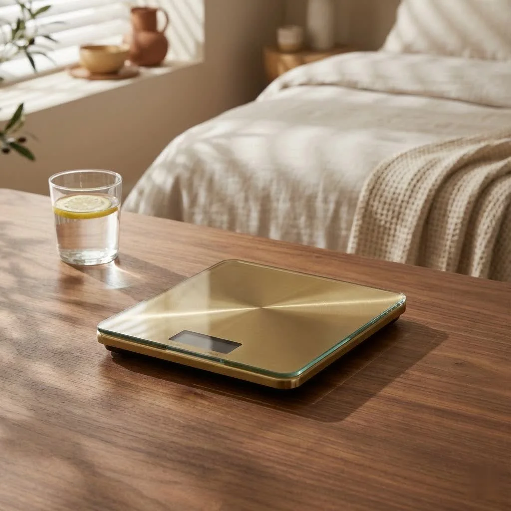 Stainless steel kitchen scale on a countertop
