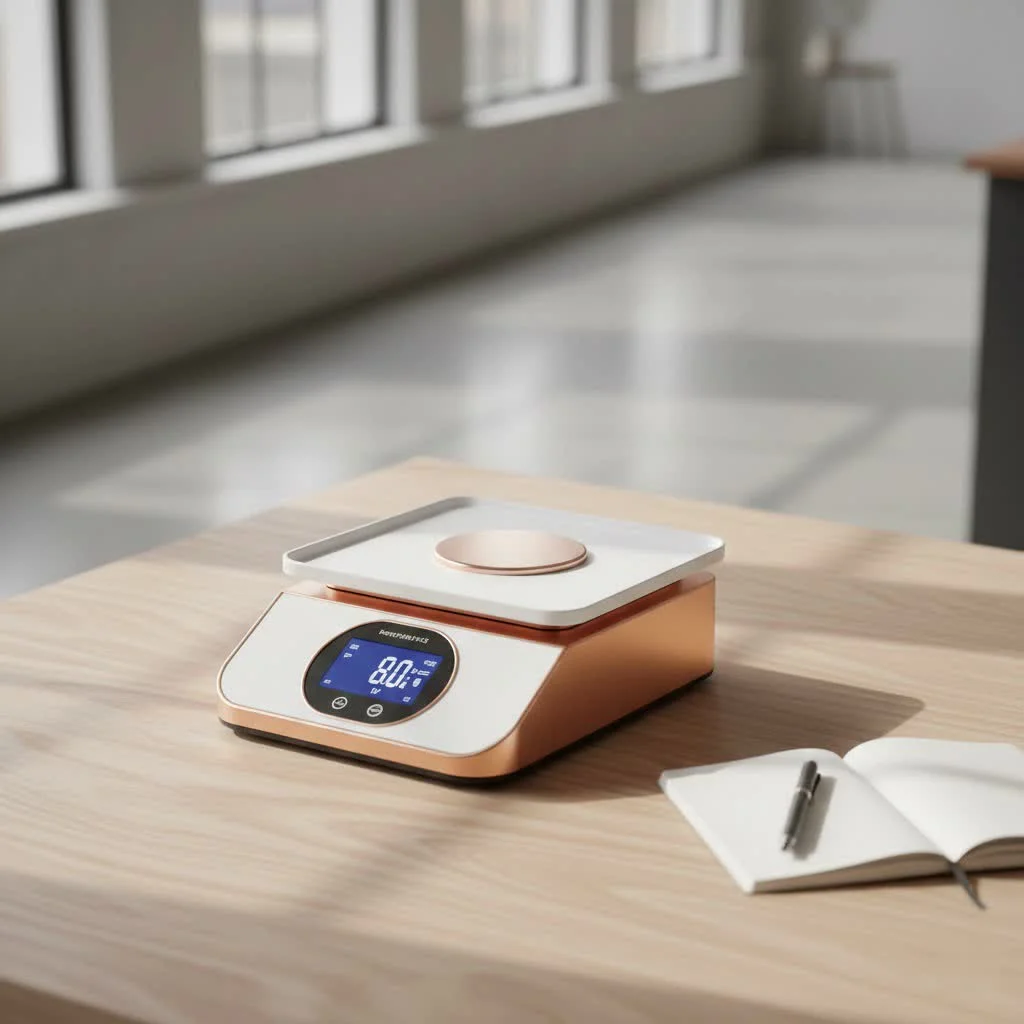 Digital kitchen scale with a bowl of flour on its platform